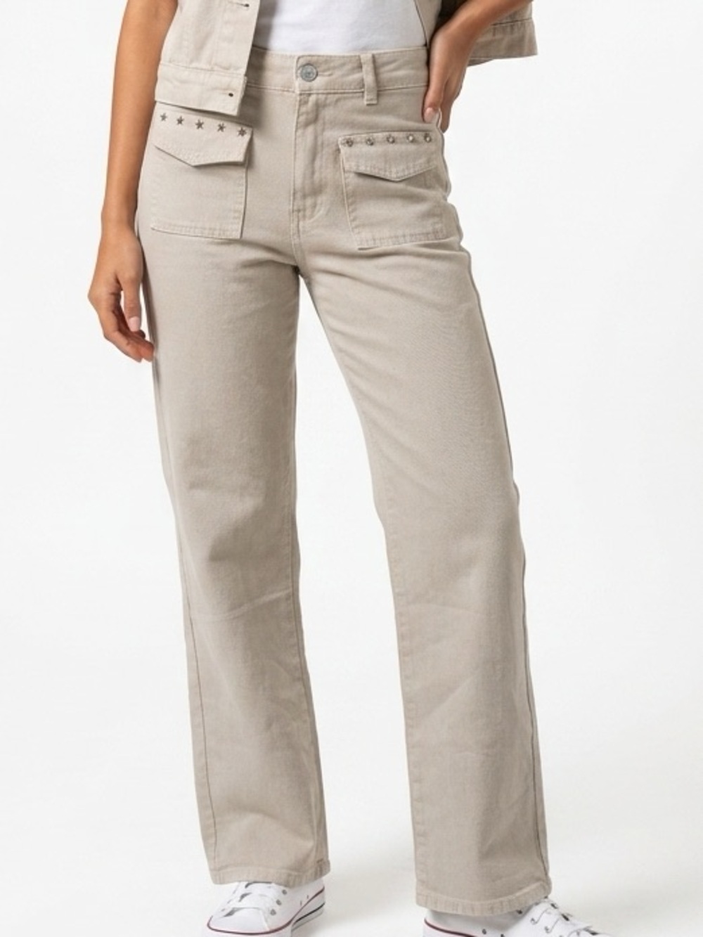 ZARA | Star Studded Beige High-Rise Wide Leg Jeans Women’s Size Small